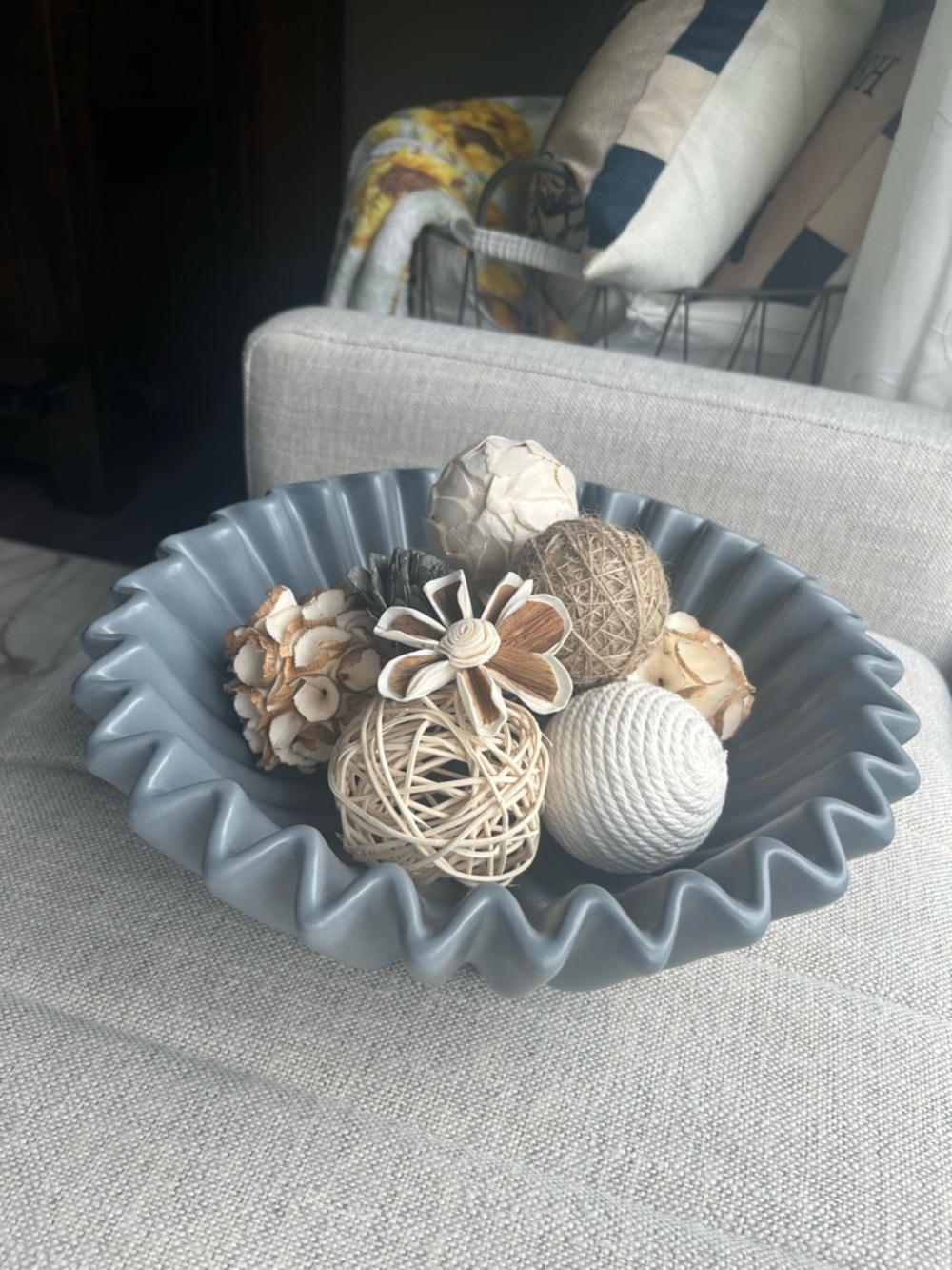 Decorative Gray Scalloped Bowl with Neutral Accent Balls